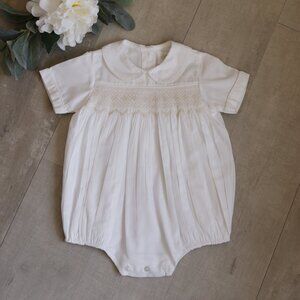 Strasburg White Smocked Romper Boys Heirloom 100% Cotton Size 6 Month NEW